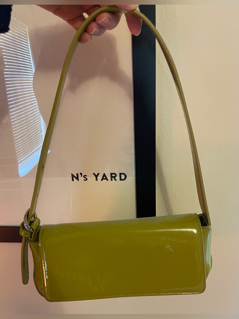 Urban Outfitters Patent Flap Baguette Bag Olive Green Adjustable Strap Pochette